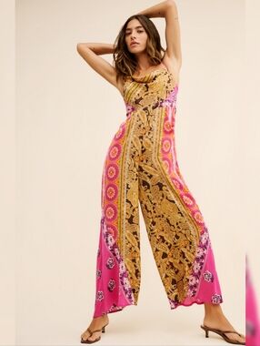 Free People Miranda Printed Jumpsuit Pink Multi Halter Strap Wide Leg